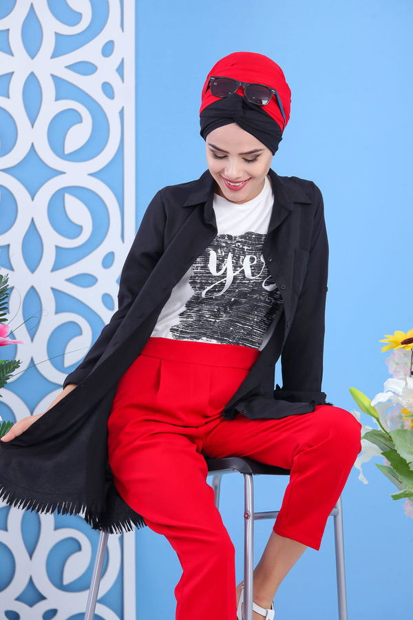 Beli Lastikli Pantolon Kırmızı - 02 7407 Kırmızı - 7407