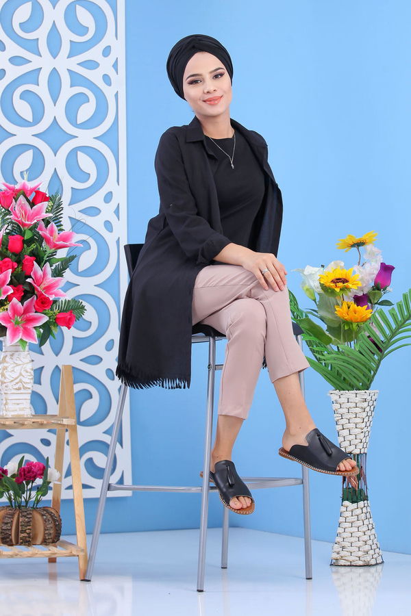 Pantolon Kemer Siyah Bej - 7418 BEJ