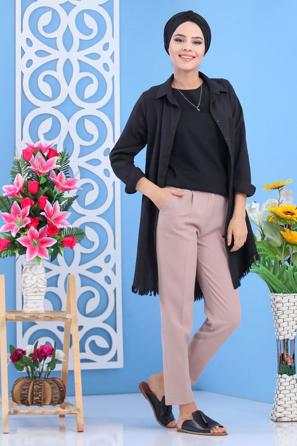 Pantolon Kemer Siyah Bej - 7418 BEJ