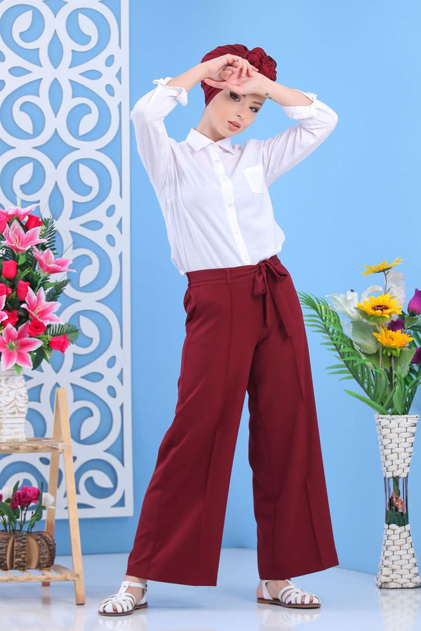 Kuşaklı Bol Pantolon Bordo - 02 7419 Bordo - 7419