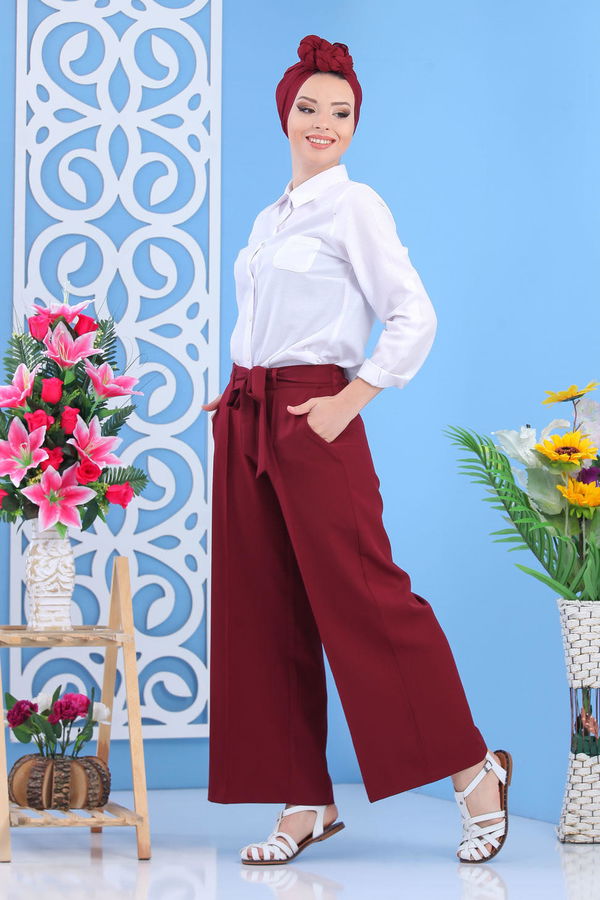Kuşaklı Bol Pantolon Bordo - 02 7419 Bordo - 7419