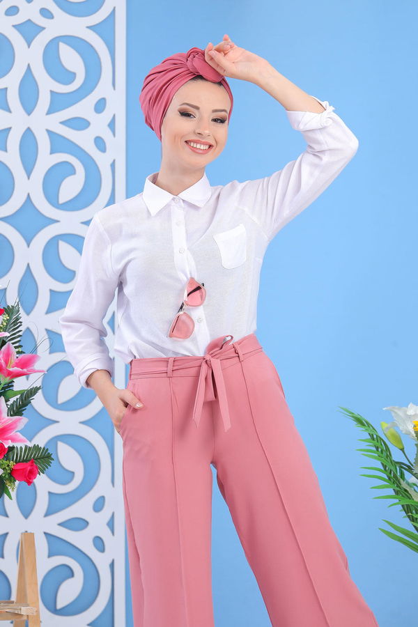 Kuşaklı Bol Pantolon Pudra - 02 7419 Pembe - 7419 PEMBE