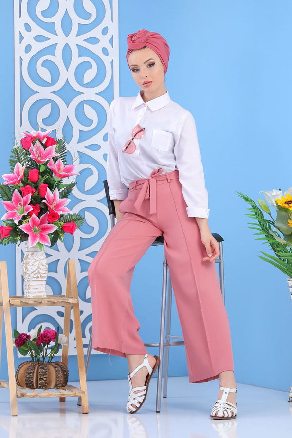 Kuşaklı Bol Pantolon Pudra - 02 7419 Pembe - 7419 PEMBE