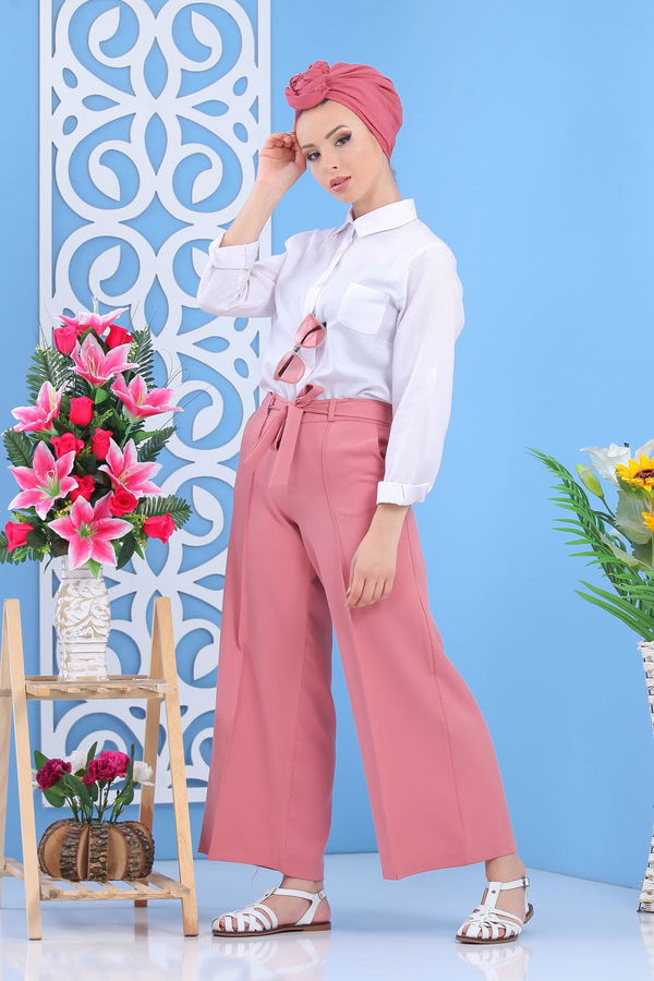 Kuşaklı Bol Pantolon Pudra - 02 7419 Pembe - 7419 PEMBE