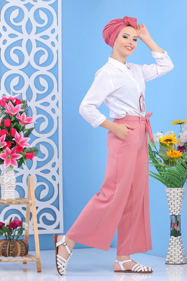 Kuşaklı Bol Pantolon Pudra - 02 7419 Pembe - 7419 PEMBE
