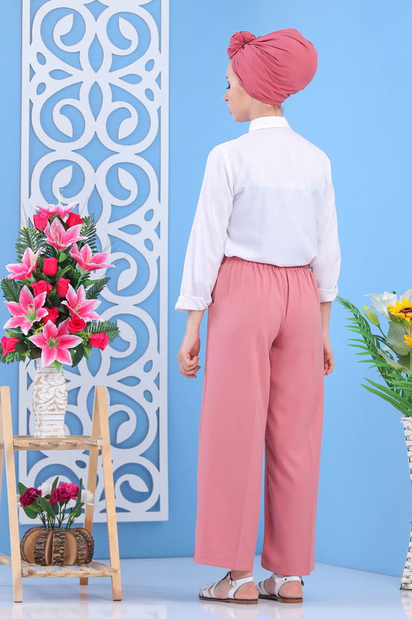 Kuşaklı Bol Pantolon Pudra - 02 7419 Pembe - 7419 PEMBE