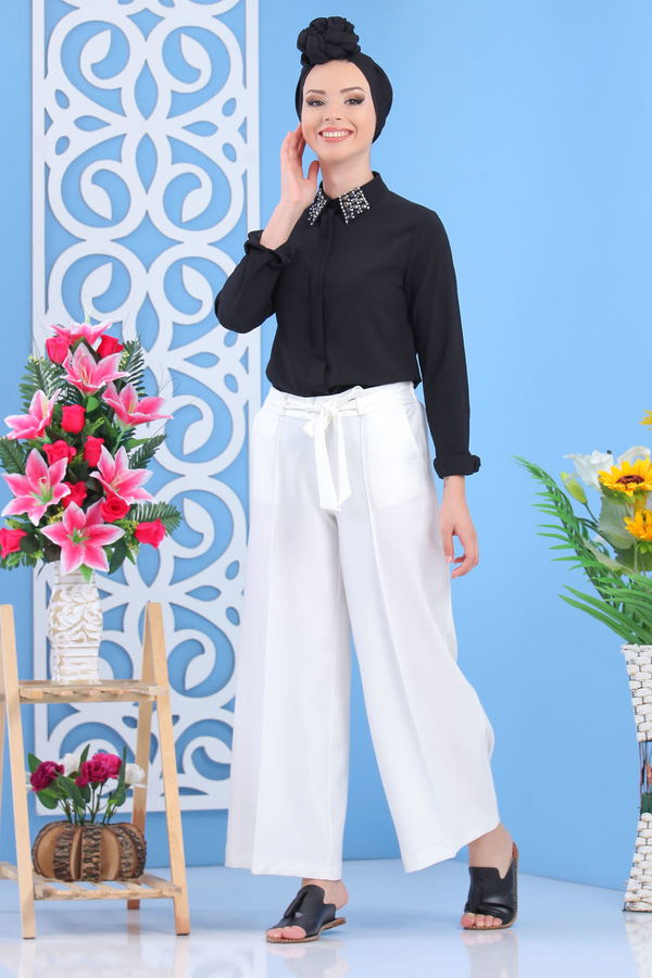 Kuşaklı Bol Pantolon Beyaz - 02 7419 Beyaz - 7419