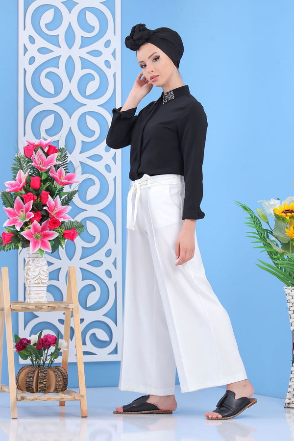 Kuşaklı Bol Pantolon Beyaz - 02 7419 Beyaz - 7419