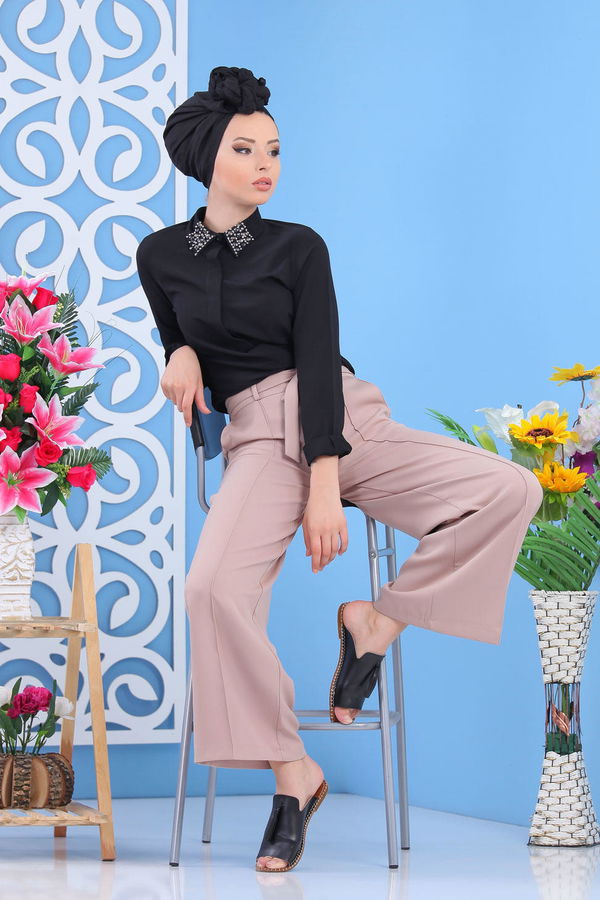 Kuşaklı Bol Pantolon Siyah Bej - 7419 BEJ