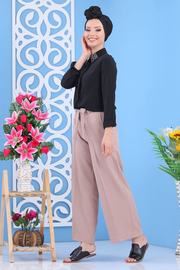 Kuşaklı Bol Pantolon Siyah Bej - 7419 BEJ