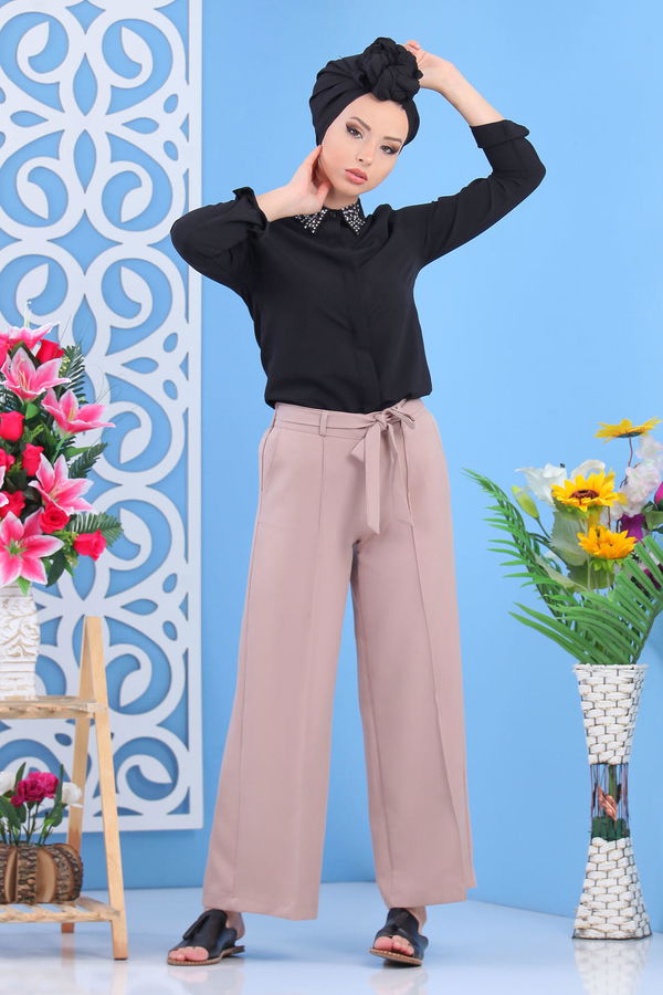 Kuşaklı Bol Pantolon Siyah Bej - 7419 BEJ