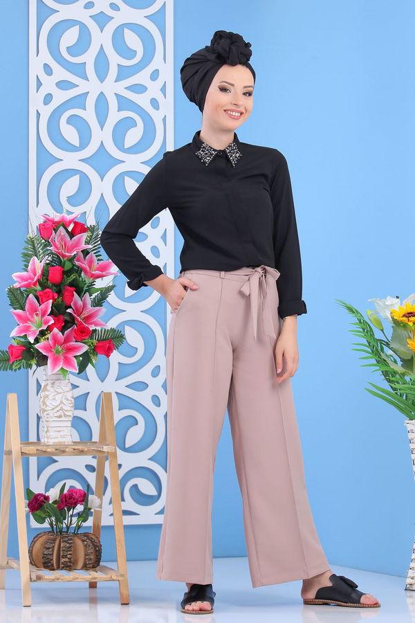 Kuşaklı Bol Pantolon Siyah Bej - 7419 BEJ