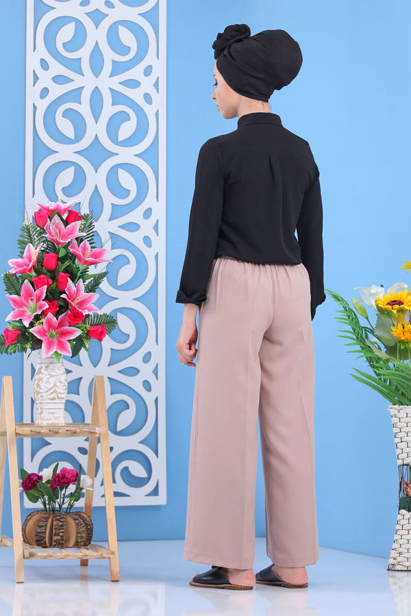 Kuşaklı Bol Pantolon Siyah Bej - 7419 BEJ