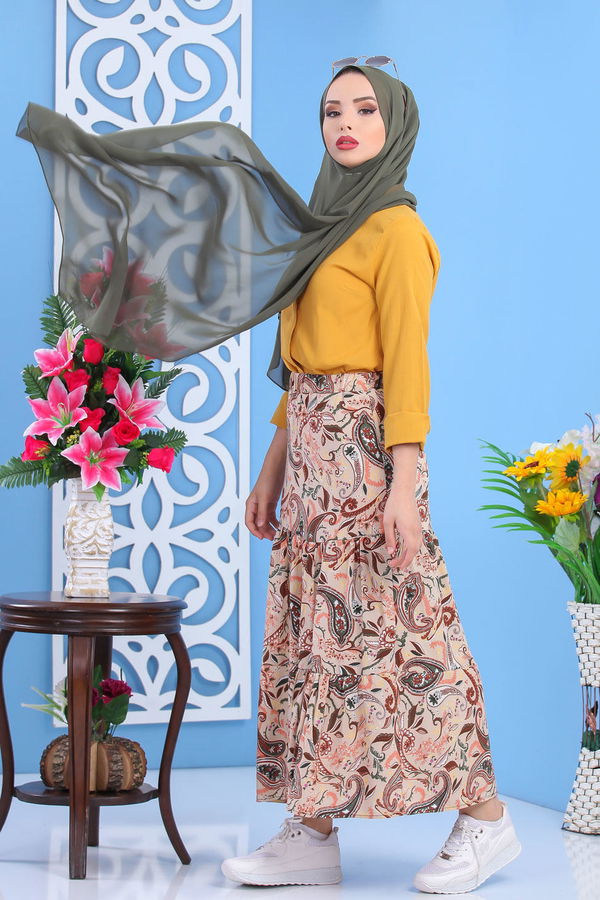 Desenli Etek Siyah Bej - 7452