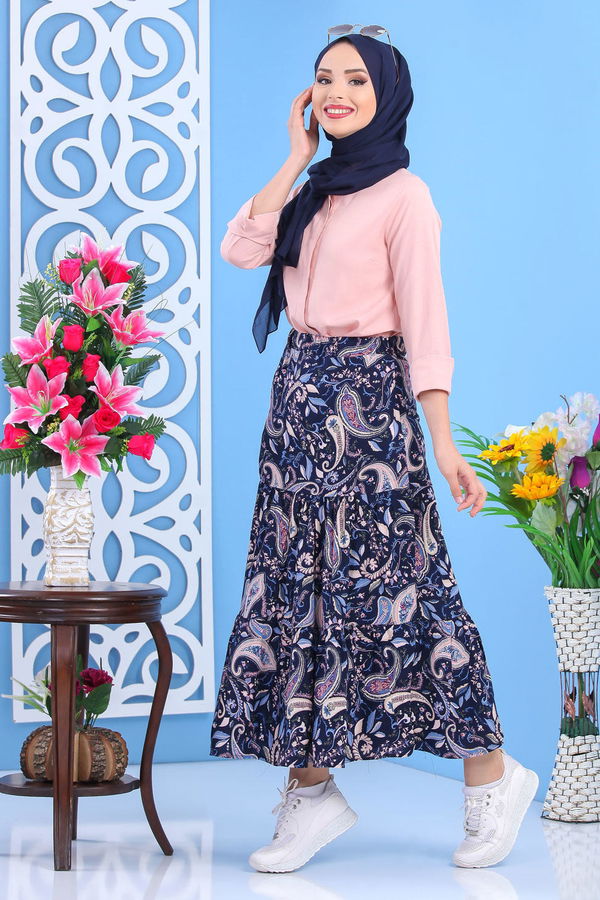 Desenli Etek Siyah Lacivert - 7452