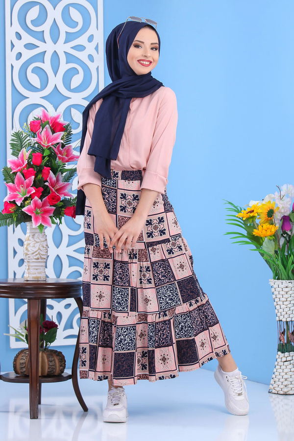 Desenli Etek Haki Pembe - 7454