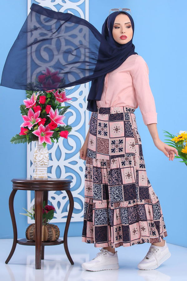 Desenli Etek Haki Pembe - 7454