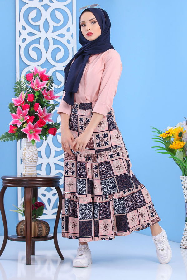 Desenli Etek Haki Pembe - 7454