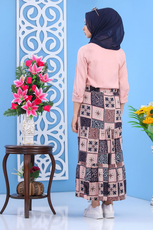 Desenli Etek Haki Pembe - 7454