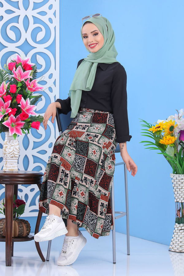 Desenli Etek Haki Haki - 7454