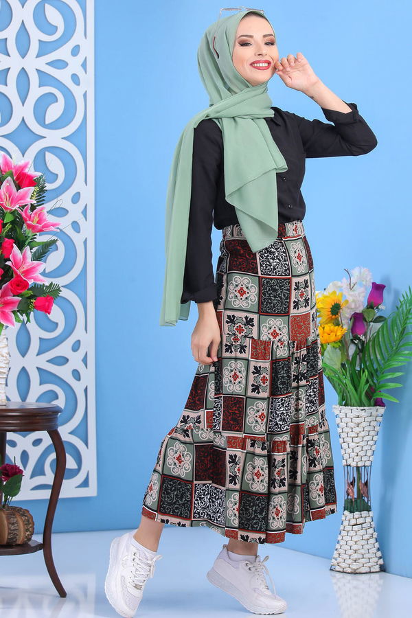 Desenli Etek Haki Haki - 7454