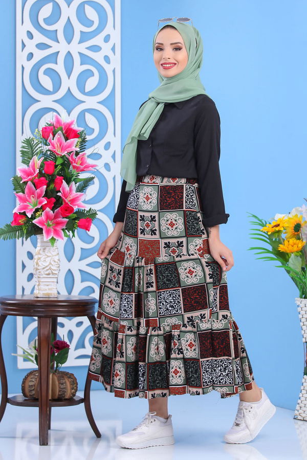 Desenli Etek Haki Haki - 7454