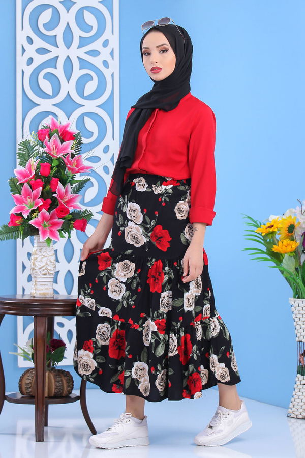 Desenli Etek Siyah Siyah - 7458