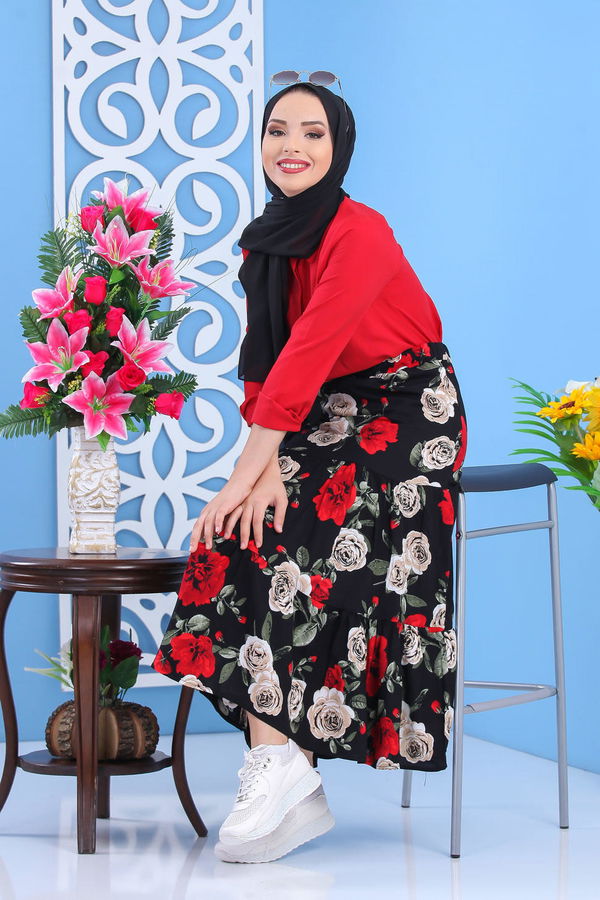 Desenli Etek Siyah Siyah - 7458
