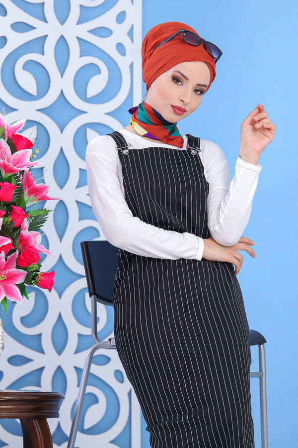 Çizgili Salopet Siyah Siyah - 7455