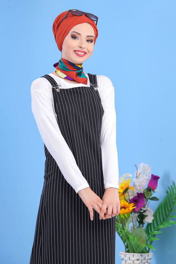 Çizgili Salopet Siyah Siyah - 7455