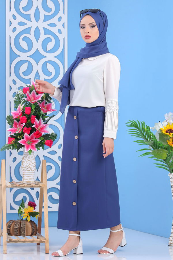 Dügme Detay Etek Saks - 02 7478 Mavi - 7478