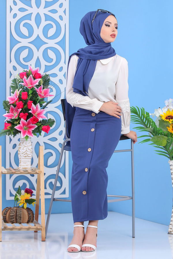 Dügme Detay Etek Saks - 02 7478 Mavi - 7478
