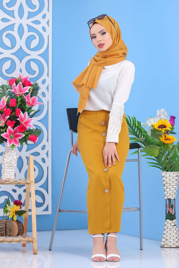 Dügme Detay Etek Hardal - 02 7478 Sarı - 7478 Sarı