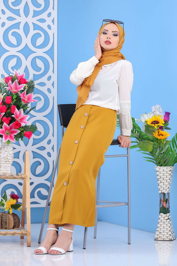 Dügme Detay Etek Hardal - 02 7478 Sarı - 7478 Sarı
