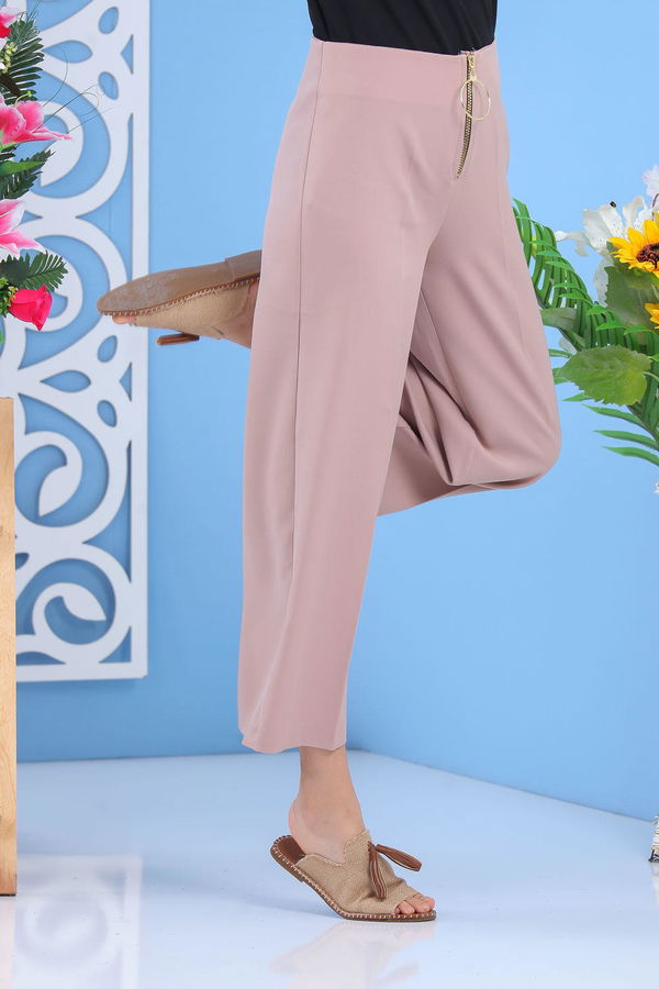 Fermuarlı Bol Paça Pantolon Siyah Bej - 6922