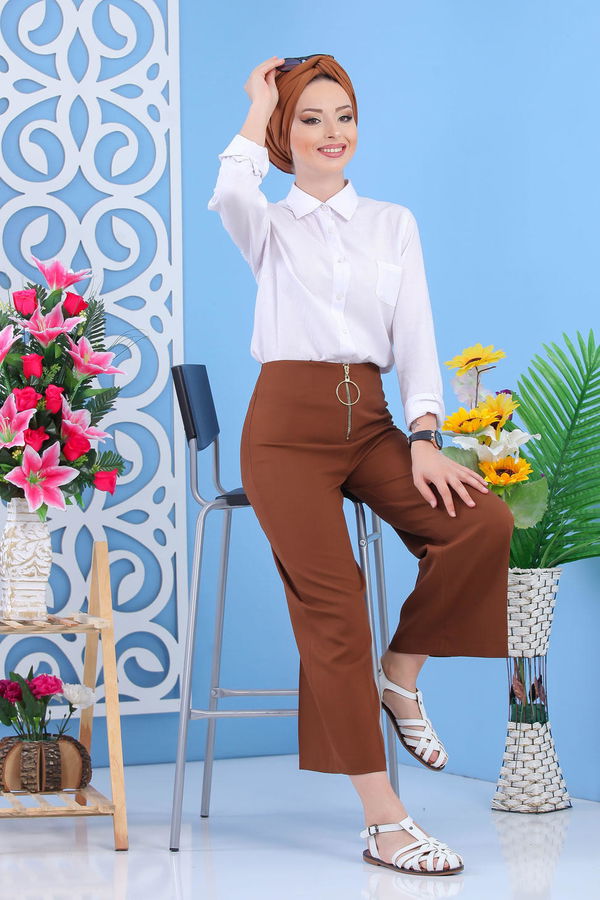 Fermuarlı Bol Paça Pantolon Taba - 02 6922 Taba - 6922