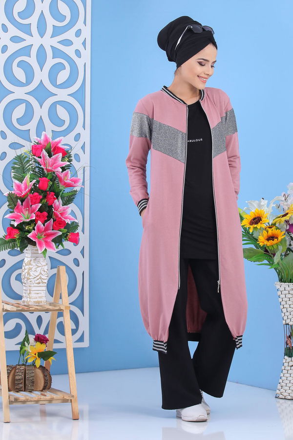 Fermuarlı Hırka Siyah Pembe - 7487