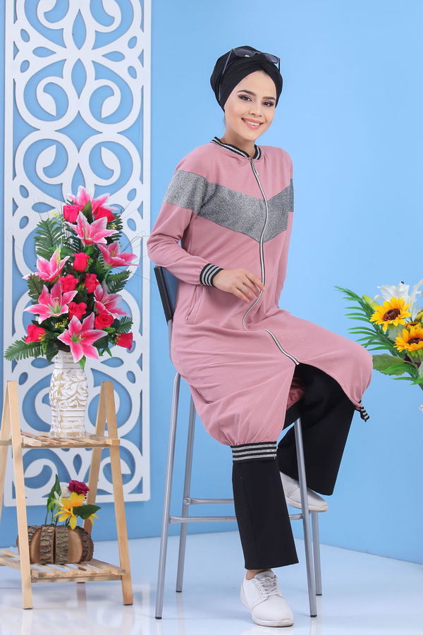 Fermuarlı Hırka Siyah Pembe - 7487