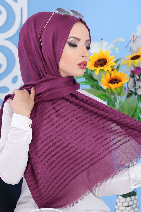 Desenli Şal Siyah Mor - 7505