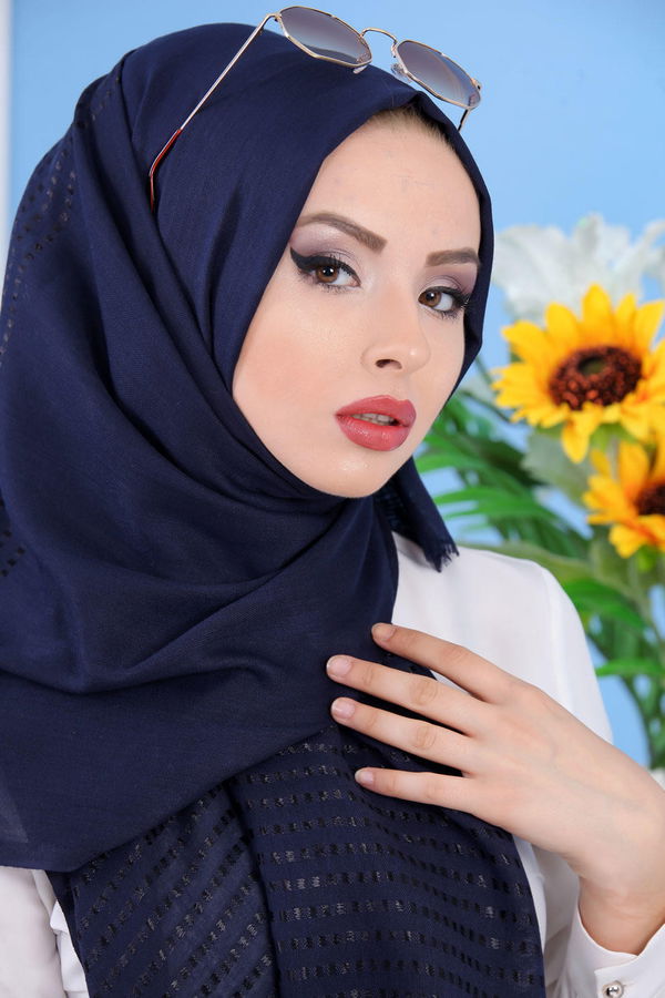 Desenli Şal Siyah Lacivert - 7505