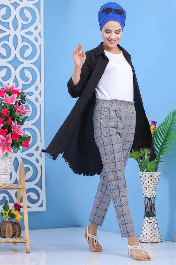 Ekose Pantolon Saks - 02 7536 Mavi - 7536 MAVİ