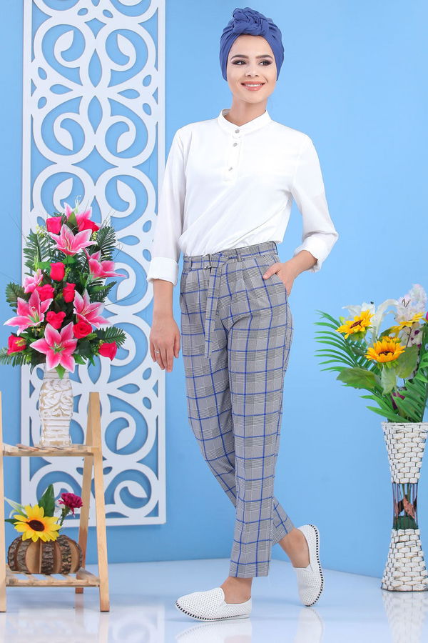 Kemerli Pantolon Saks - 02 7583 Mavi - 7583 MAVİ