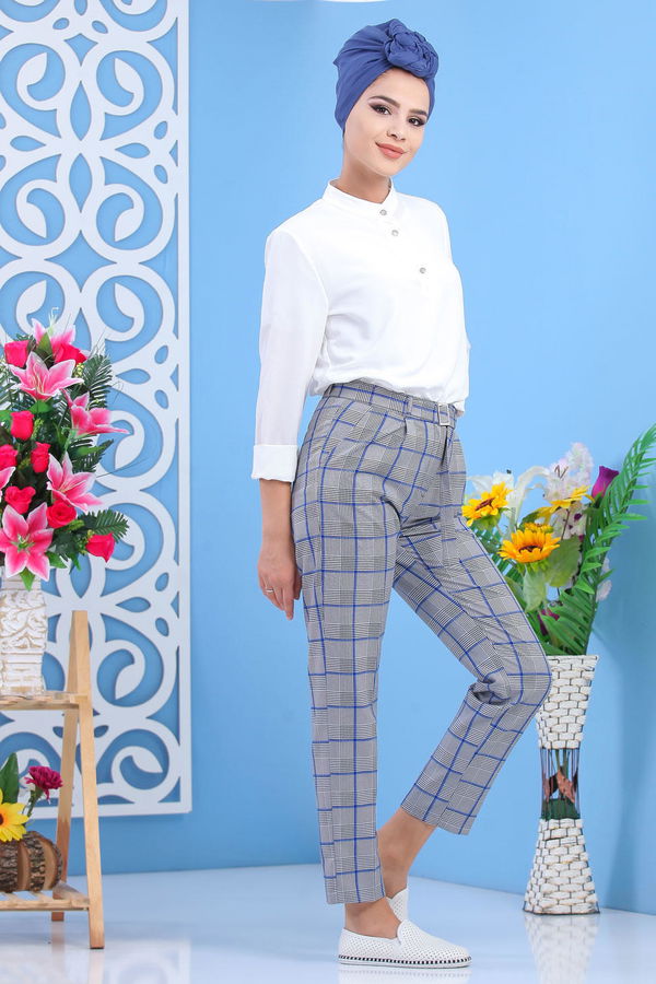 Kemerli Pantolon Saks - 02 7583 Mavi - 7583 MAVİ
