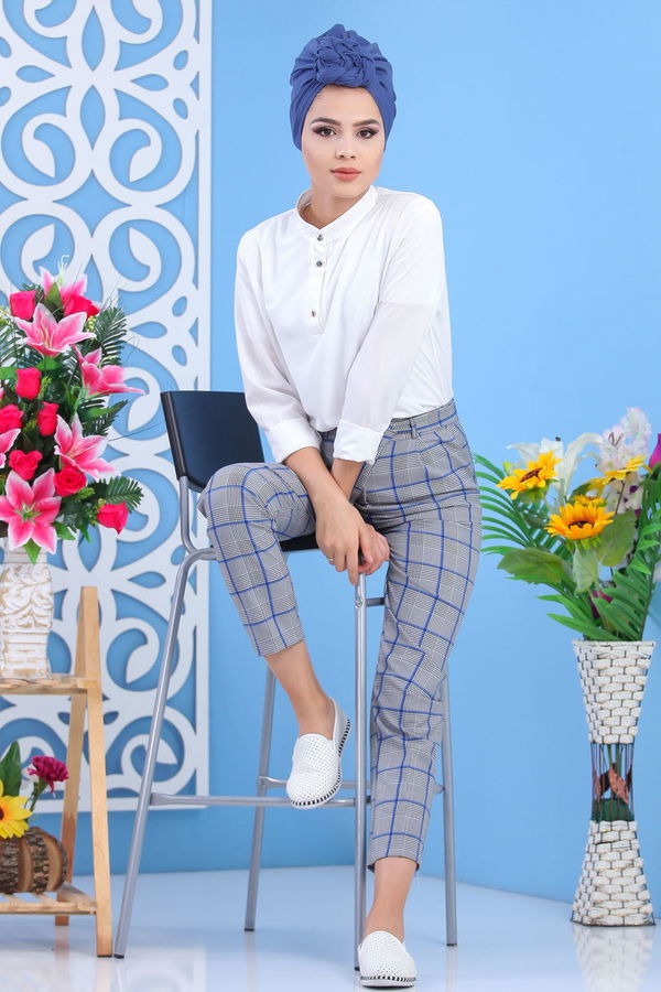 Kemerli Pantolon Saks - 02 7583 Mavi - 7583 MAVİ