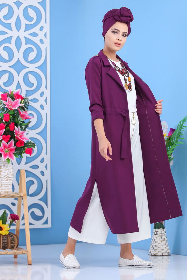 Trençkot Siyah Mor - 7585