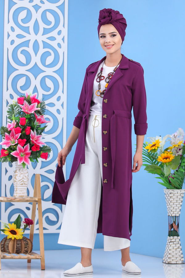Trençkot Siyah Mor - 7585