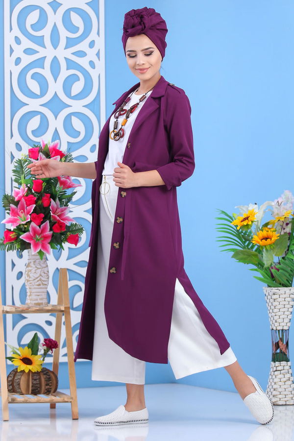 Trençkot Siyah Mor - 7585