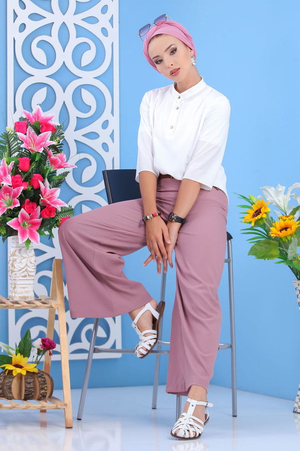 Kemerli Pantolon Siyah  Pembe - 7597 PEMBE