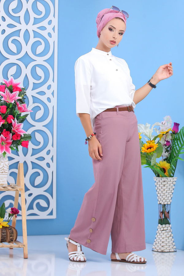 Kemerli Pantolon Siyah  Pembe - 7597 PEMBE