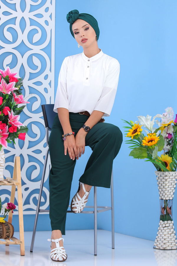 Kemerli Pantolon Siyah  Yeşil - 7597 YEŞİL